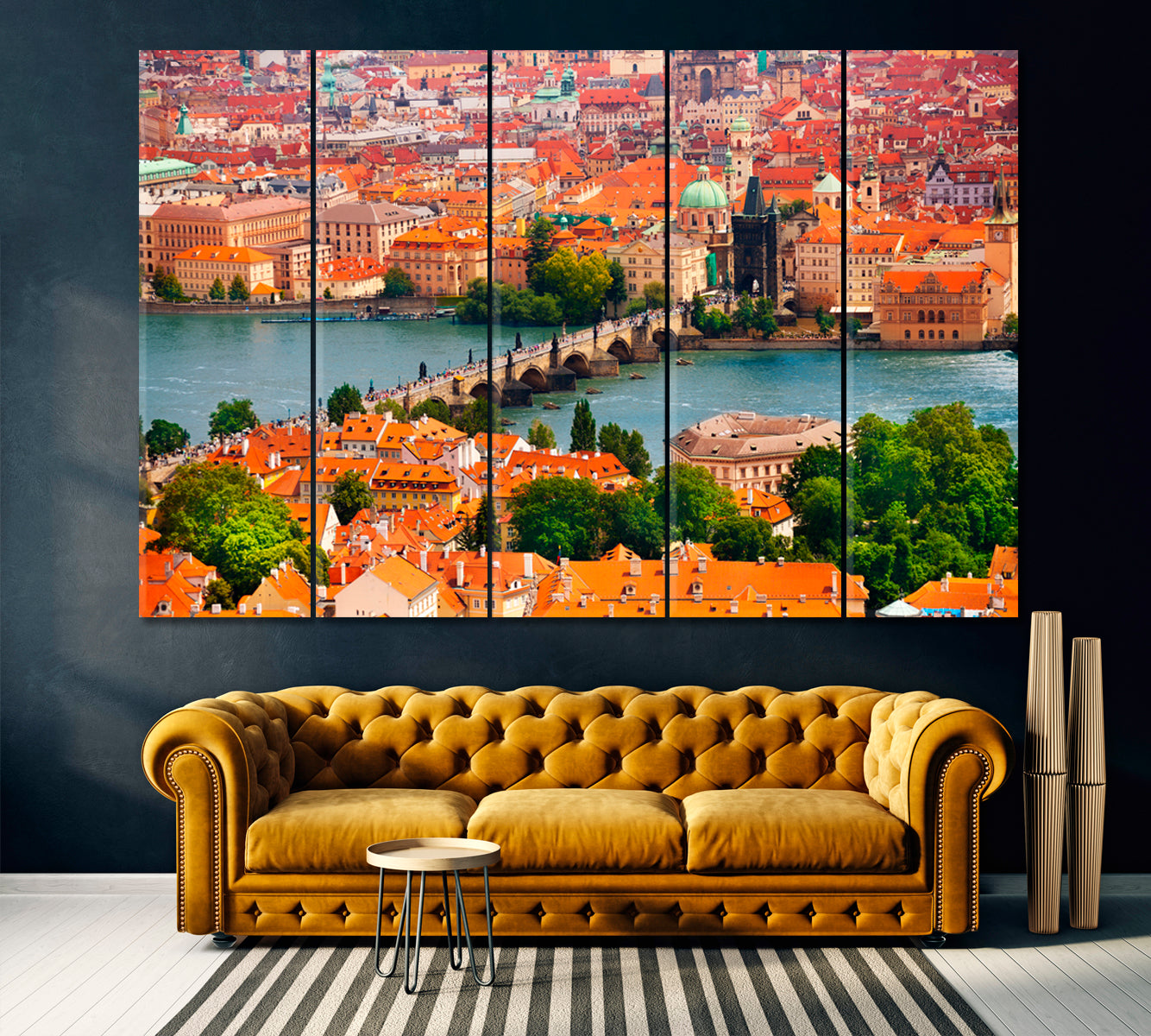 Vltava and Charles Bridge Praga Canvas Print ArtLexy 5 Panels 36"x24" inches 