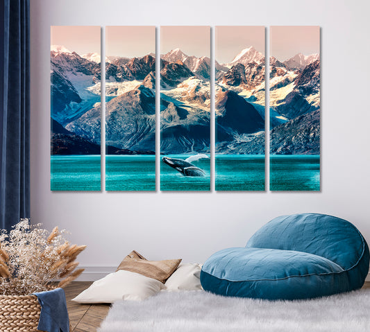 Whale In Ocean With Alaskan Mountain Landscape Canvas Print ArtLexy   