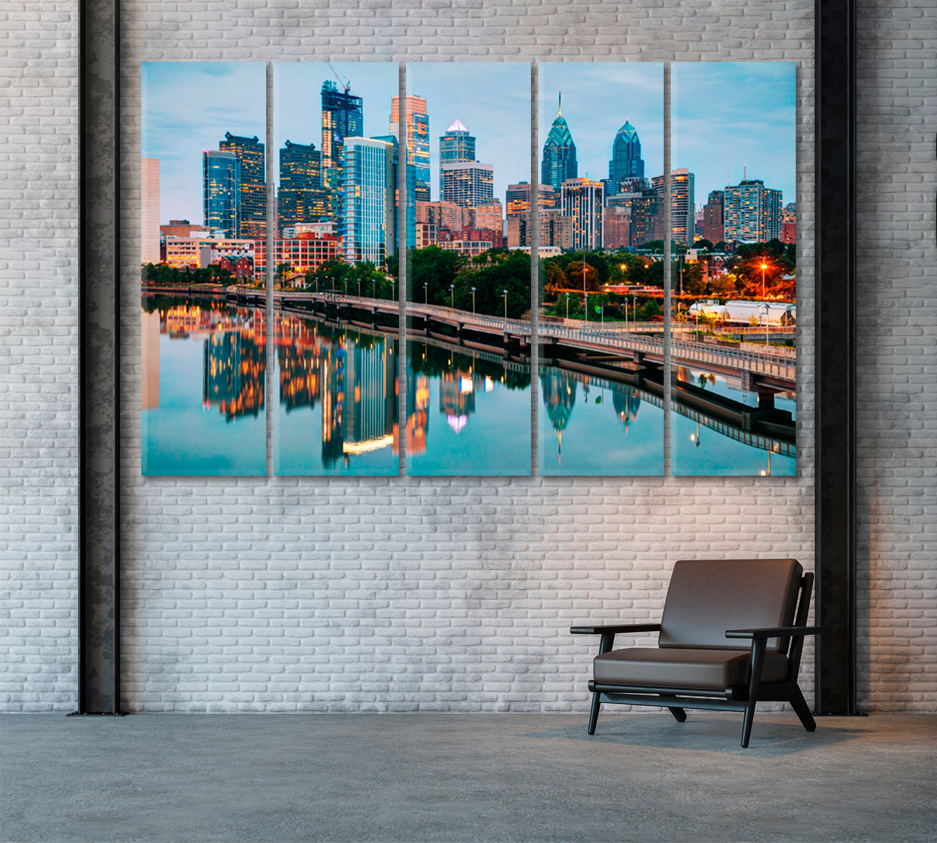 Philadelphia Skyline with Schuylkill River Canvas Print ArtLexy 5 Panels 36"x24" inches 