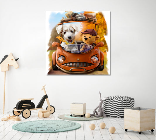 Bear with Dog in Car Canvas Print ArtLexy 1 Panel 12"x12" inches 