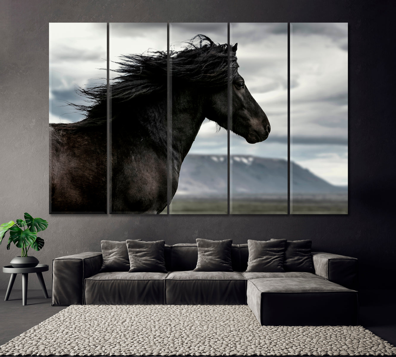 Beautiful Black Wild Horse Canvas Print ArtLexy 5 Panels 36"x24" inches 
