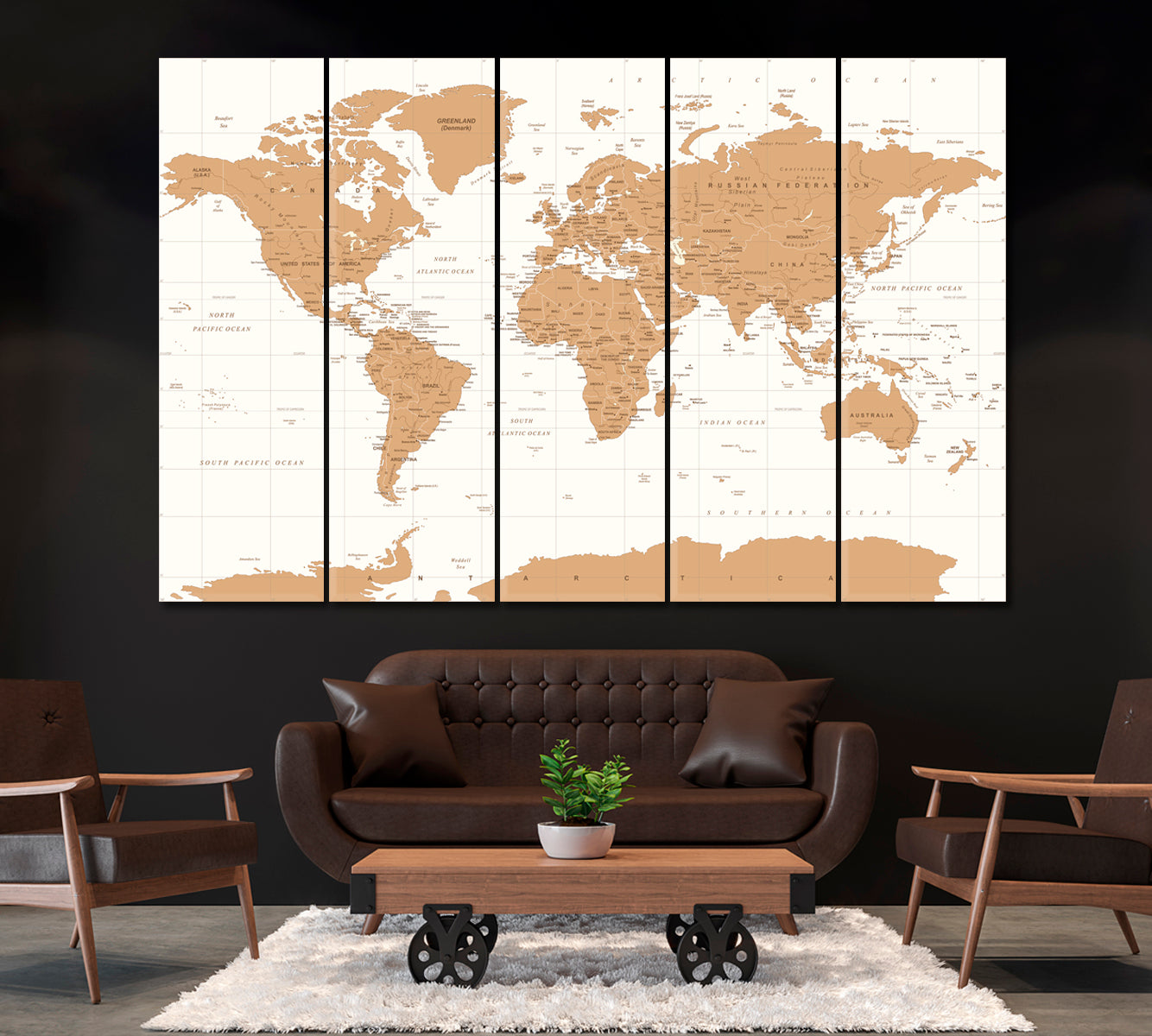 Political Vintage World Map Canvas Print ArtLexy 5 Panels 36"x24" inches 
