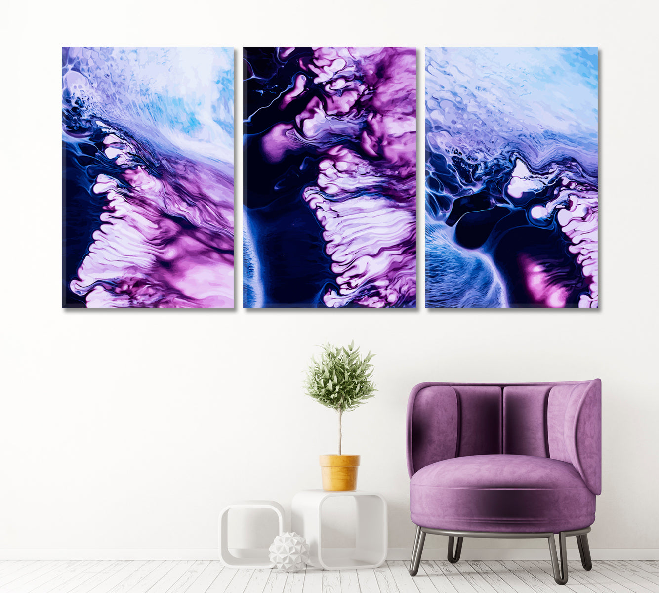 Set of 3 Purple Fluid Marble Painting Canvas Print ArtLexy 3 Panels 48”x24” inches 