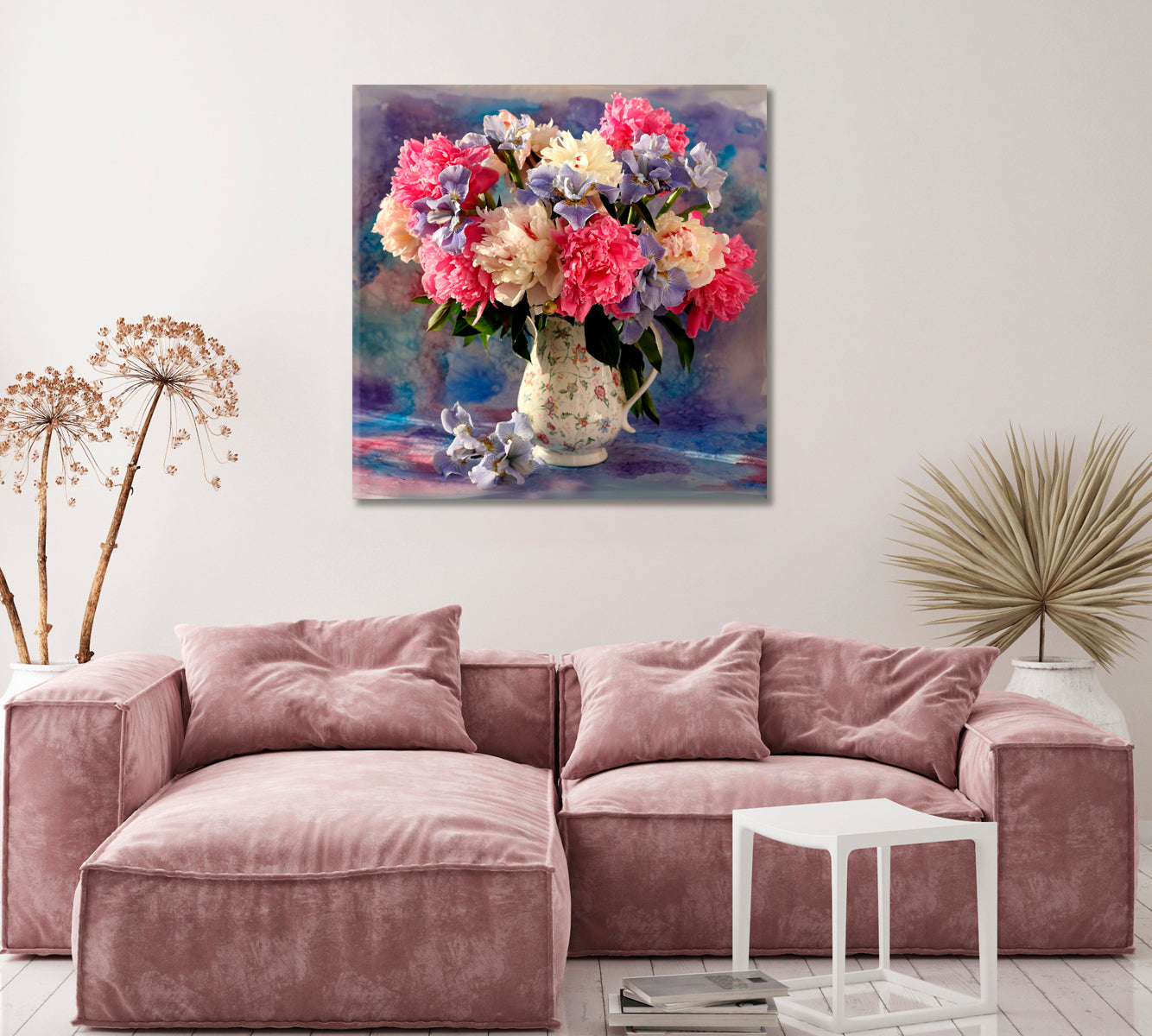 Still Life Irises and Peonies Flowers Canvas Print ArtLexy 1 Panel 12"x12" inches 
