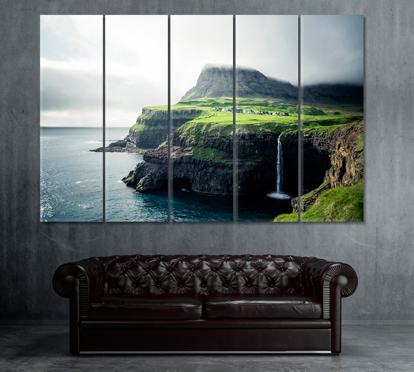 Mulafossur Waterfall Faroe Islands Denmark Canvas Print ArtLexy 5 Panels 36"x24" inches 