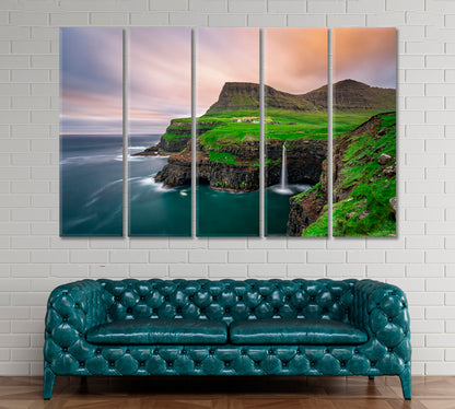 Gasadalur Village and Mulafossur Waterfall Faroe Islands Canvas Print ArtLexy   