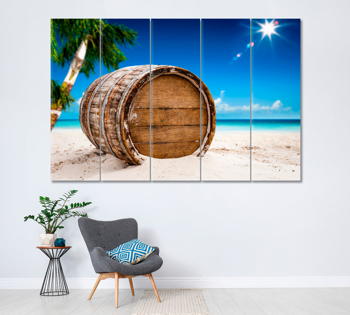 Old Barrel on Beach Canvas Print ArtLexy 5 Panels 36"x24" inches 