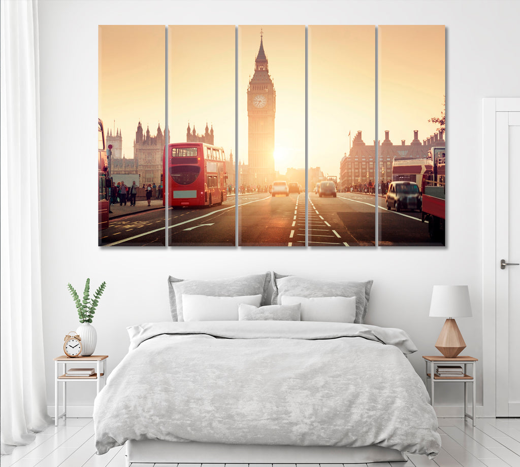 Big Ben and Red Bus London Canvas Print ArtLexy 5 Panels 36"x24" inches 