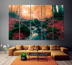 Stream in Autumn Forest Canvas Print ArtLexy 5 Panels 36"x24" inches 