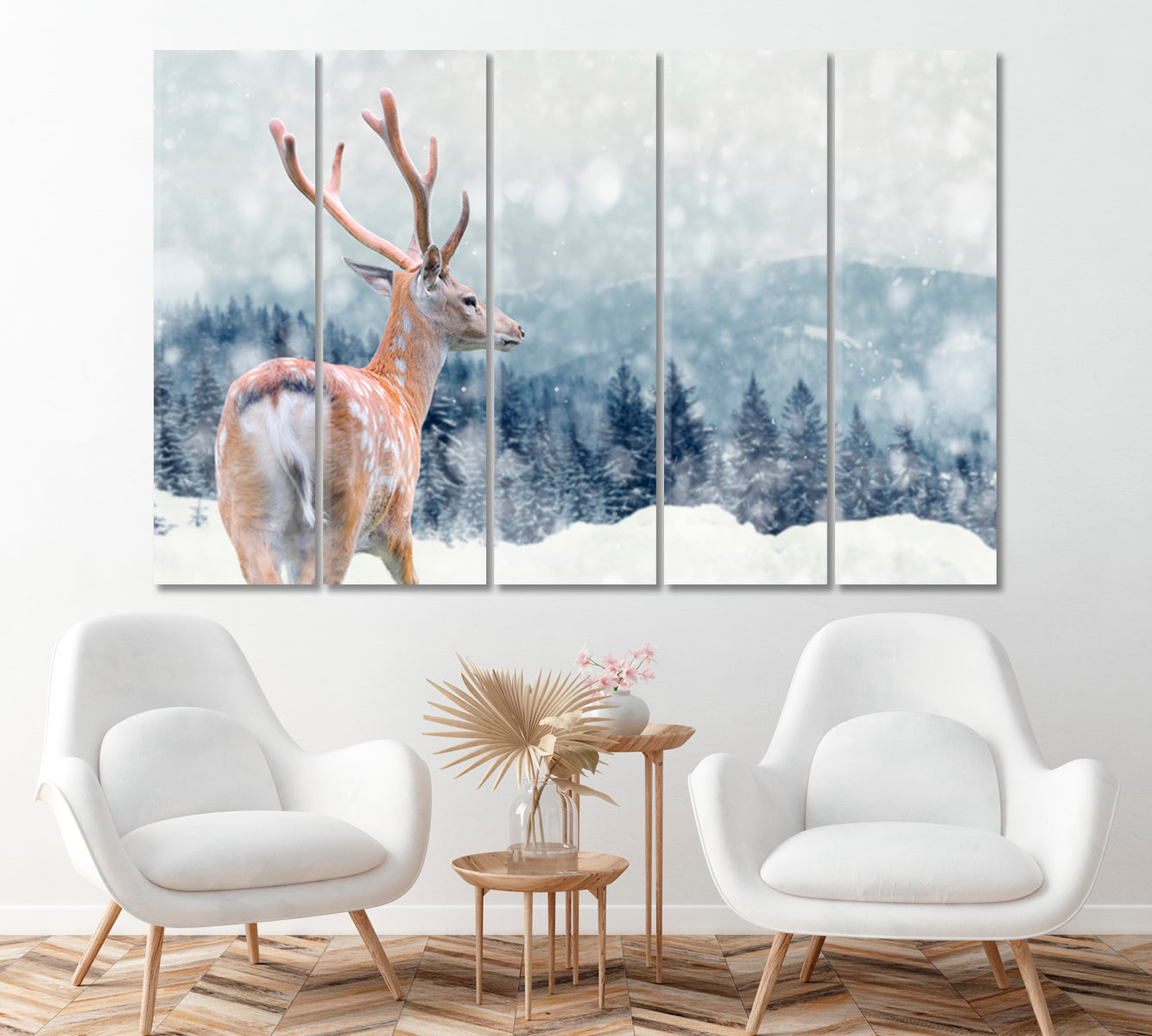 Deer in Winter Forest Canvas Print ArtLexy 5 Panels 36"x24" inches 