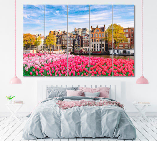 Dutch House with Spring Tulips Flowers Canvas Print ArtLexy 5 Panels 36"x24" inches 