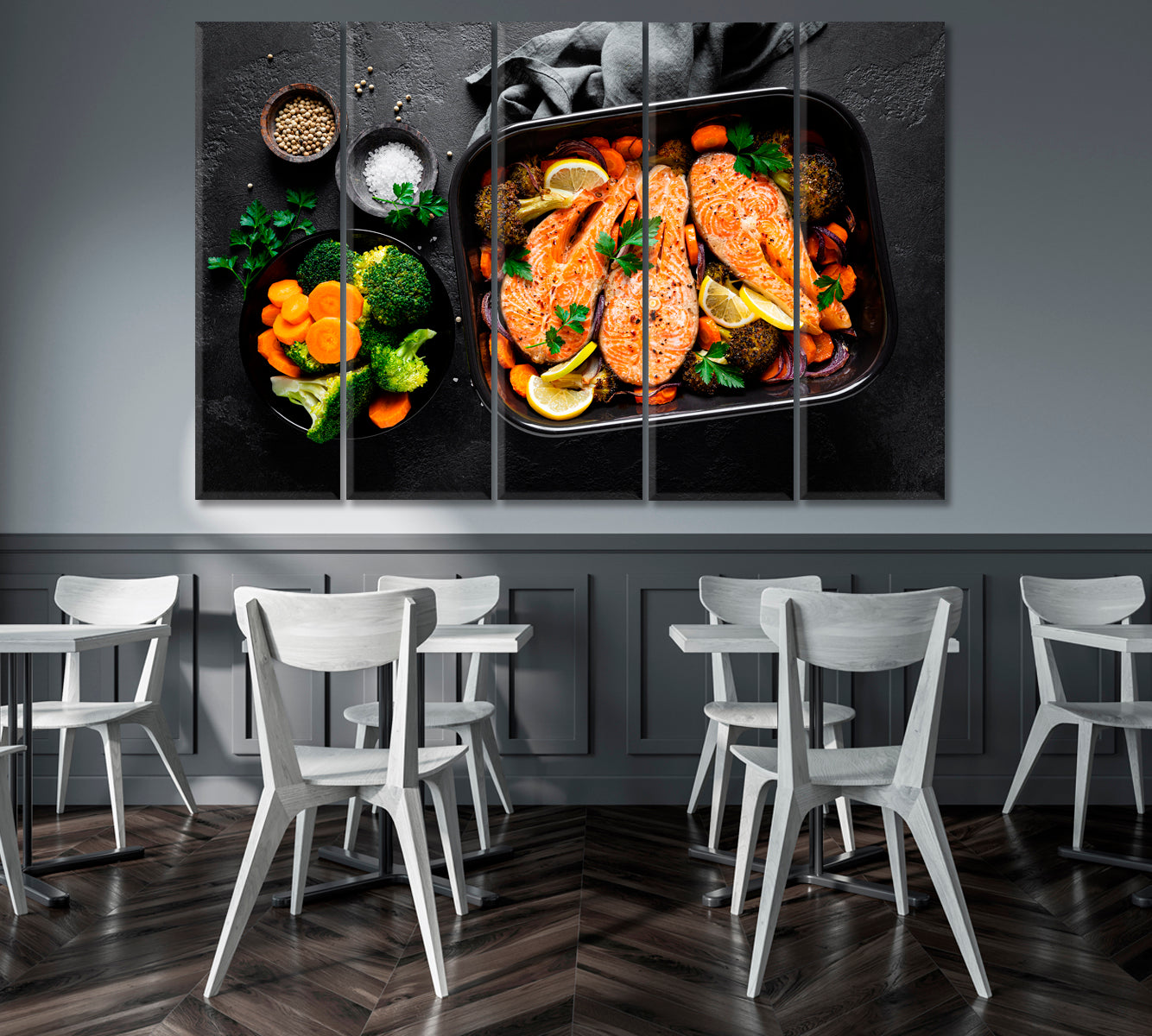 Baked Salmon Fish with Vegetables Canvas Print ArtLexy 5 Panels 36"x24" inches 