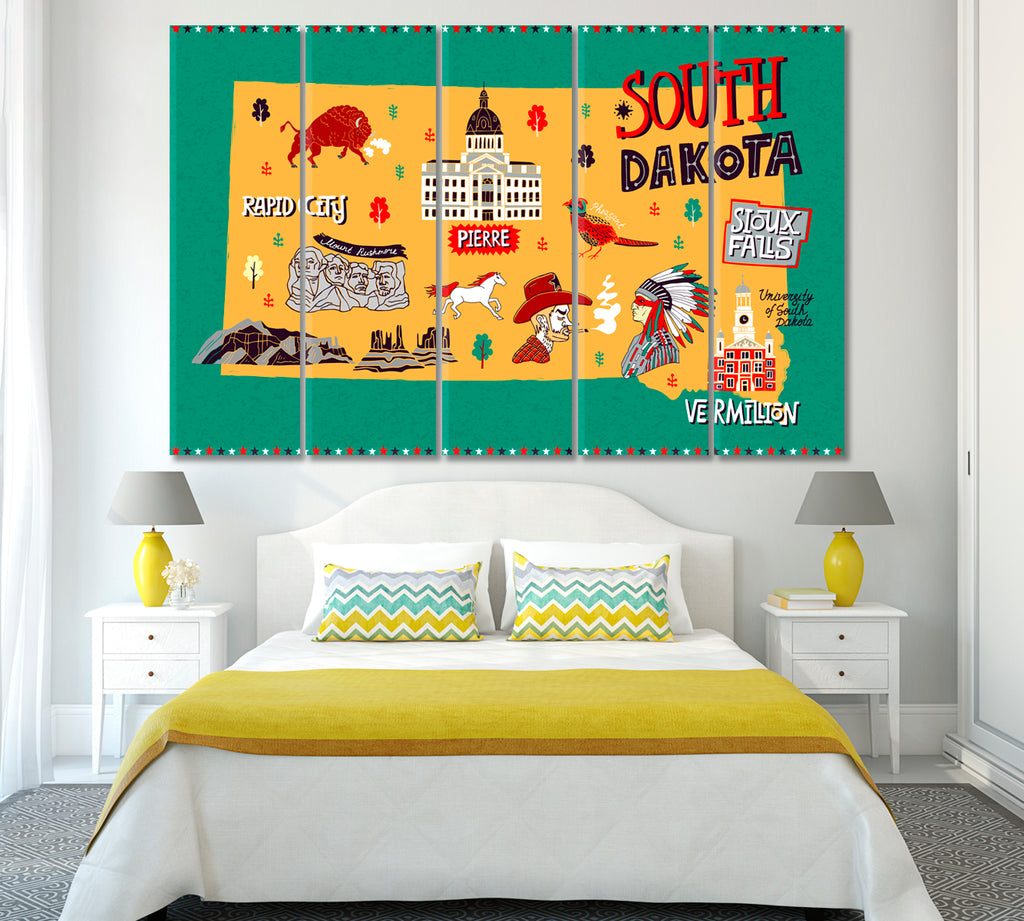 Map of South Dakota USA with Attractions Canvas Print ArtLexy 5 Panels 36"x24" inches 