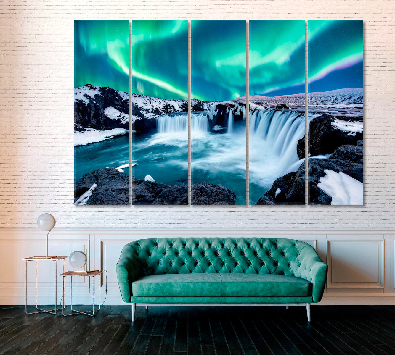 Aurora Borealis over Godafoss Waterfall in Iceland Canvas Print ArtLexy 5 Panels 36"x24" inches 
