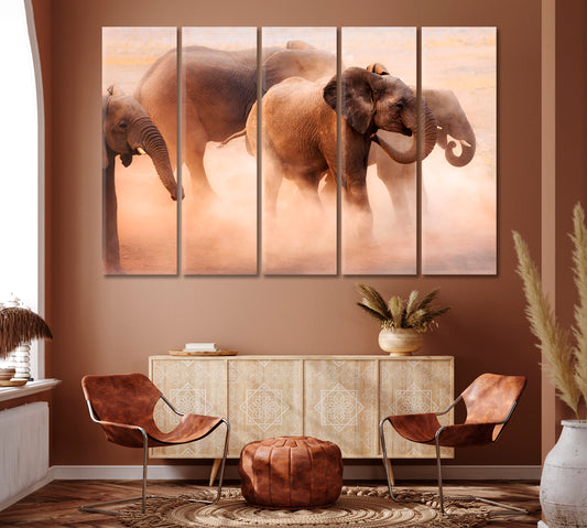 Herd of Elephants in Desert Canvas Print ArtLexy 5 Panels 36"x24" inches 