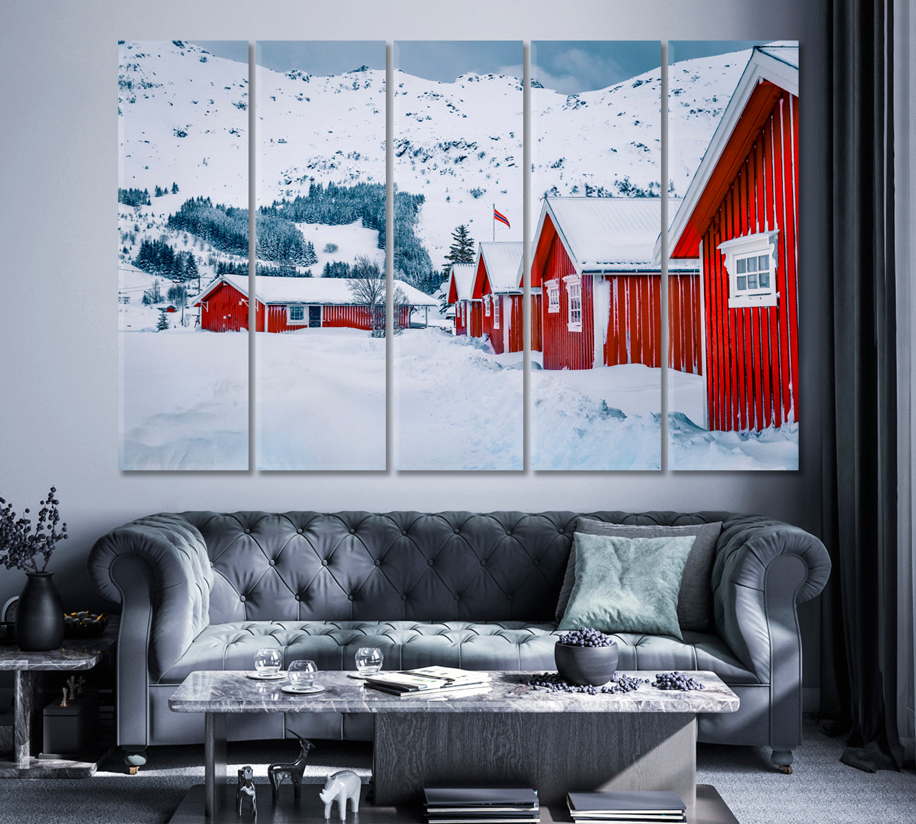 Lofoten Islands with Traditional Norwegian Red Wooden Houses Canvas Print ArtLexy 5 Panels 36"x24" inches 