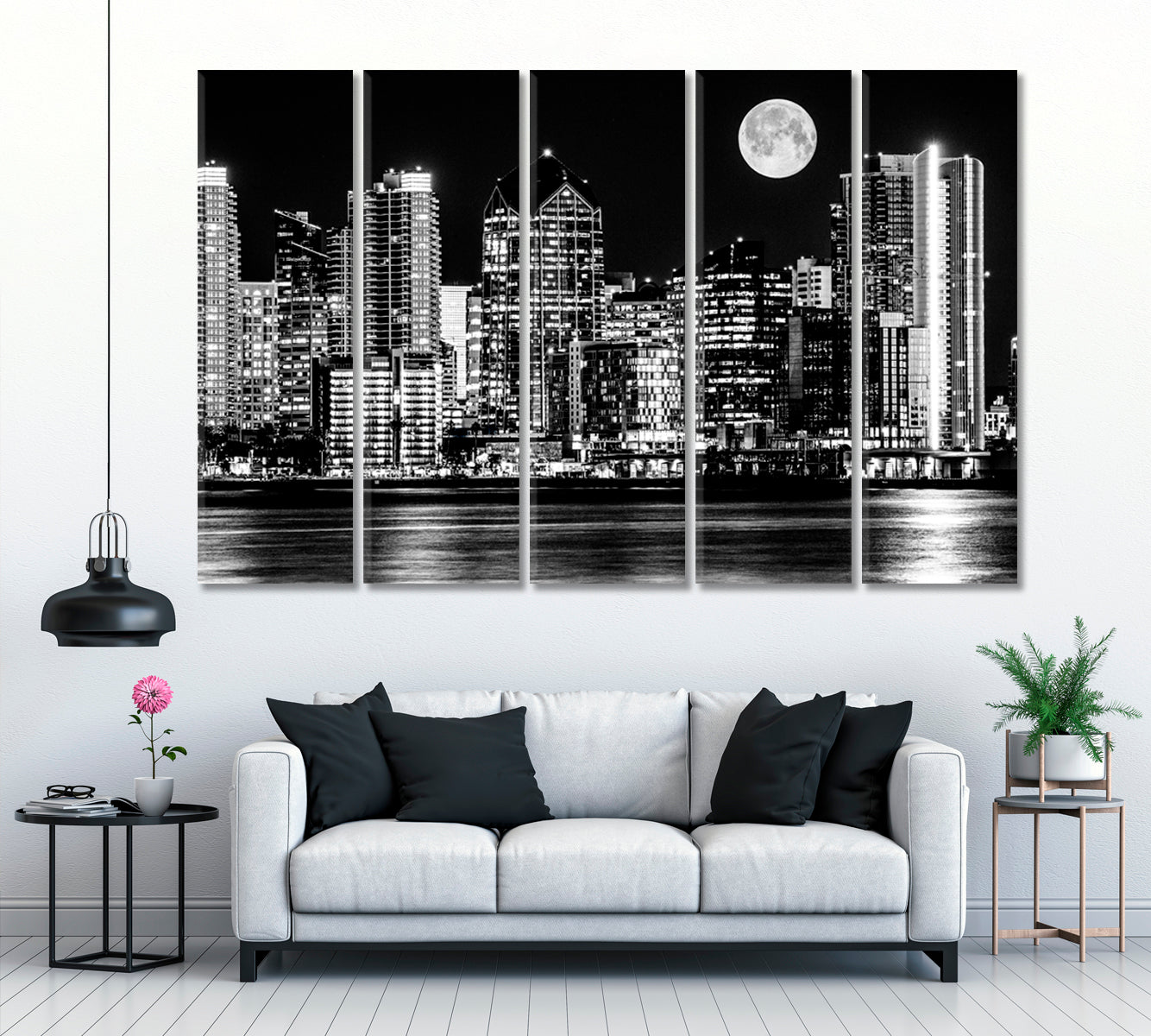 San Diego Skyline in Black and White Canvas Print ArtLexy 5 Panels 36"x24" inches 