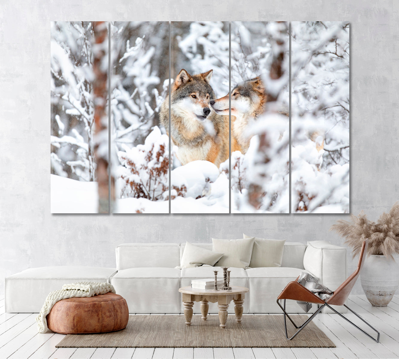 Two Wolves in Winter Forest Canvas Print ArtLexy 5 Panels 36"x24" inches 