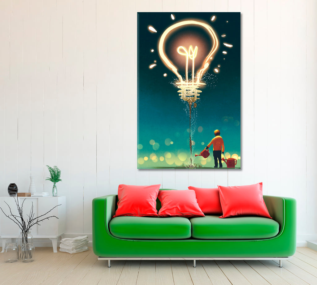 Child Watering Big Light Bulb Canvas Print ArtLexy   