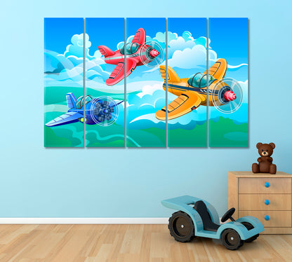 Cartoon Airplanes Canvas Print ArtLexy 5 Panels 36"x24" inches 