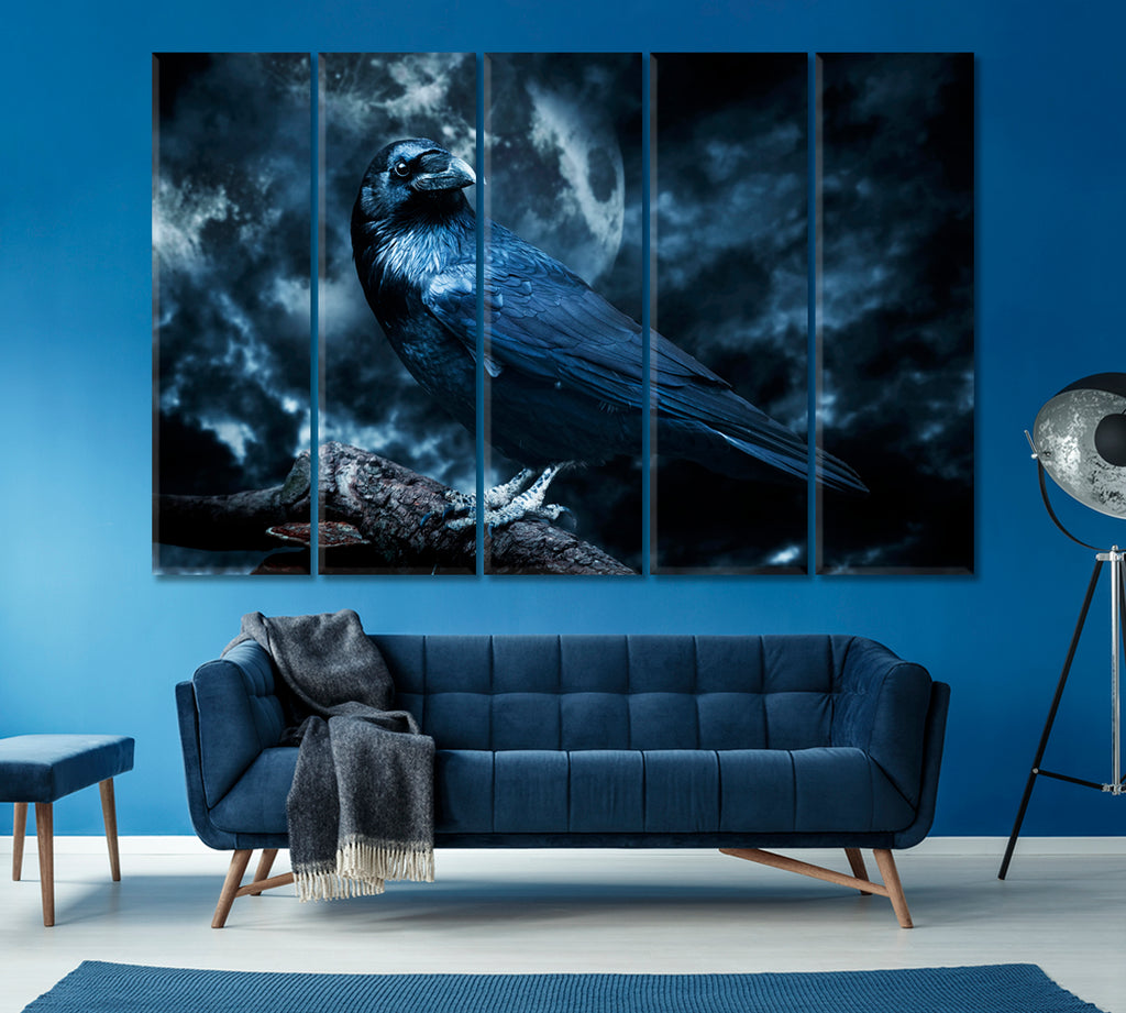 Black Raven in Moonlight Canvas Print ArtLexy 5 Panels 36"x24" inches 