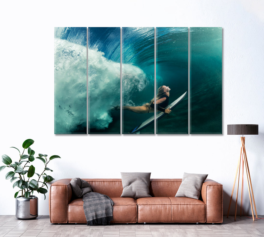 Surfer Girl Underwater Canvas Print ArtLexy 5 Panels 36"x24" inches 