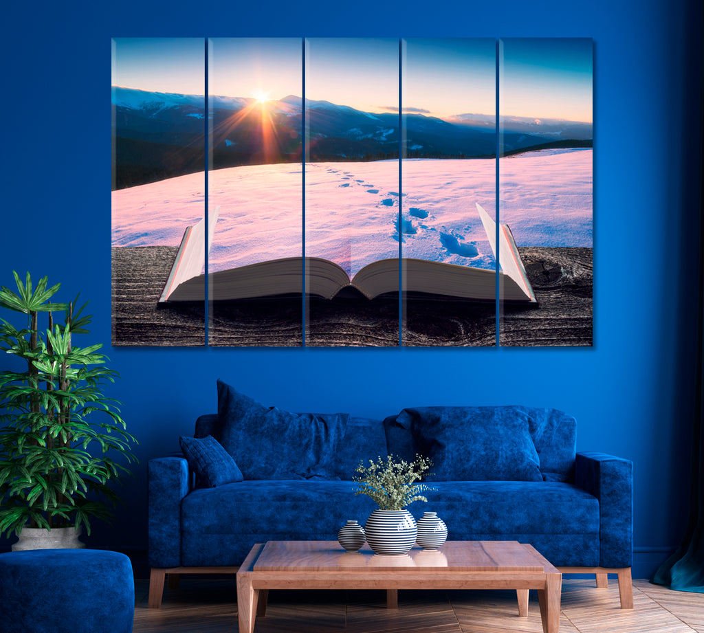Mountain Valley Covered with Snow on Pages of Magical Book Canvas Print ArtLexy 5 Panels 36"x24" inches 