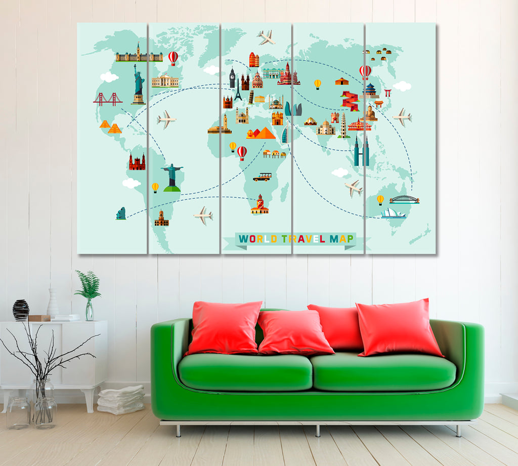 World Travel Map Canvas Print ArtLexy 5 Panels 36"x24" inches 