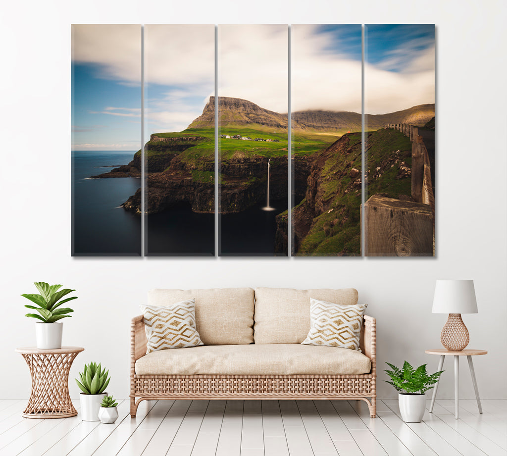 Mulafossur Waterfall in Village Gasadalur Faroe Islands Canvas Print ArtLexy 5 Panels 36"x24" inches 