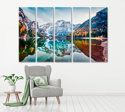 Autumn Landscape of Braies Lake Italy Canvas Print ArtLexy 5 Panels 36"x24" inches 