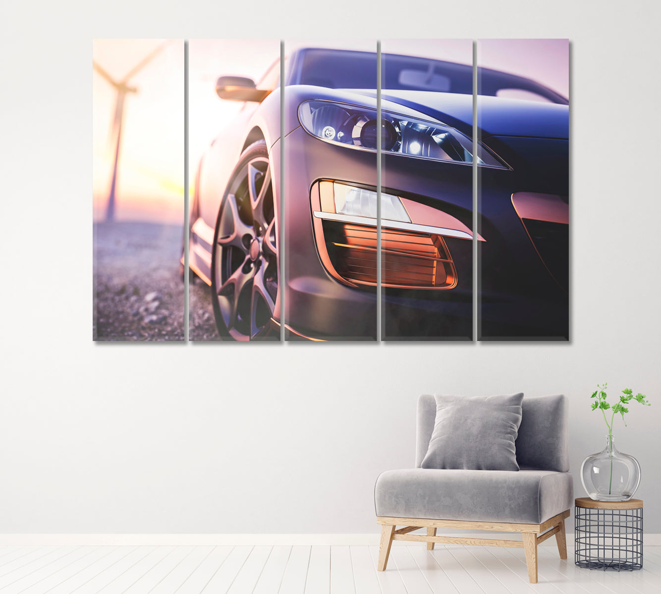 Sports Car and Wind Turbine Canvas Print ArtLexy 5 Panels 36"x24" inches 