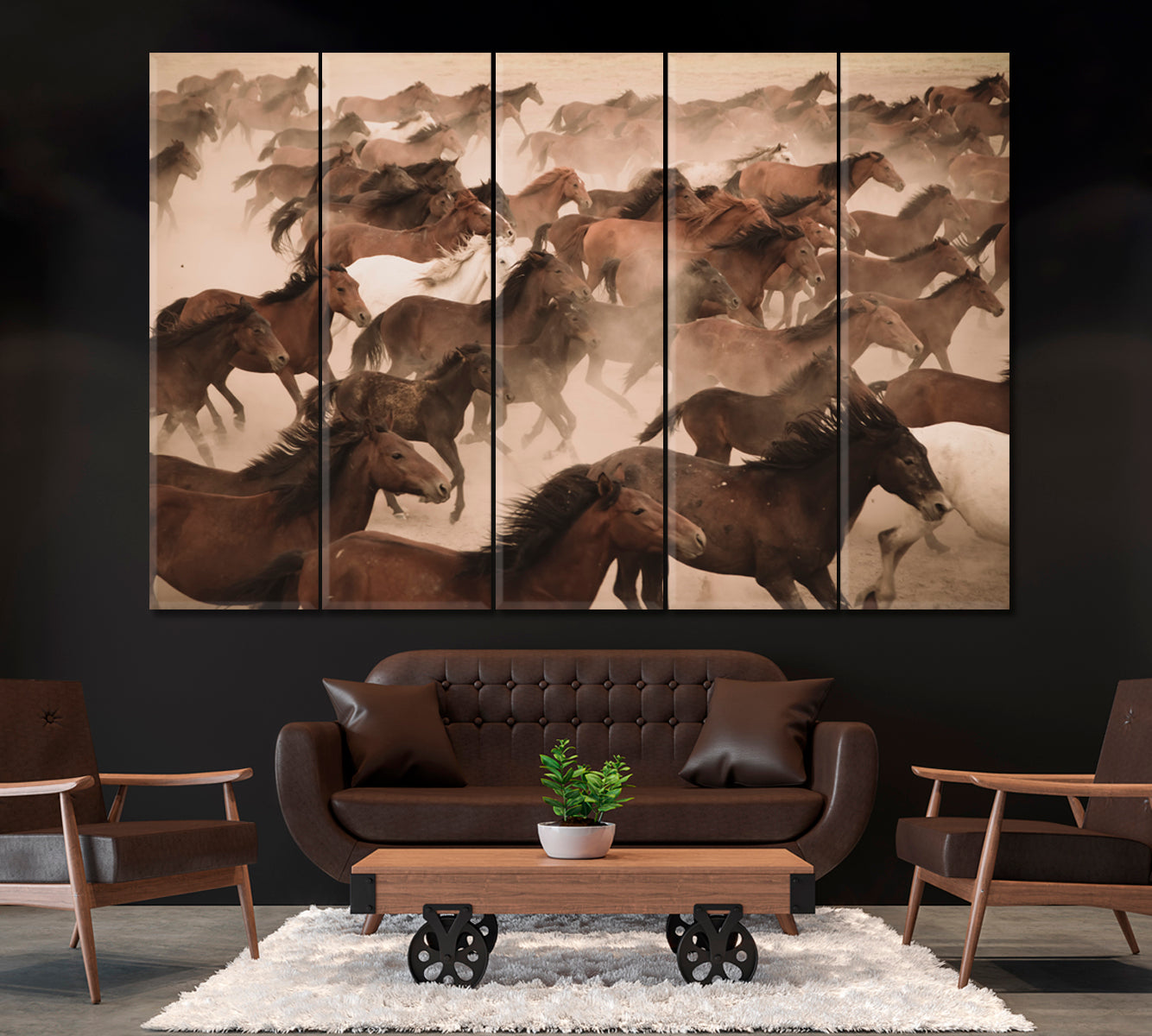 Herd of Wild Yilki Horses Kayseri Turkey Canvas Print ArtLexy 5 Panels 36"x24" inches 