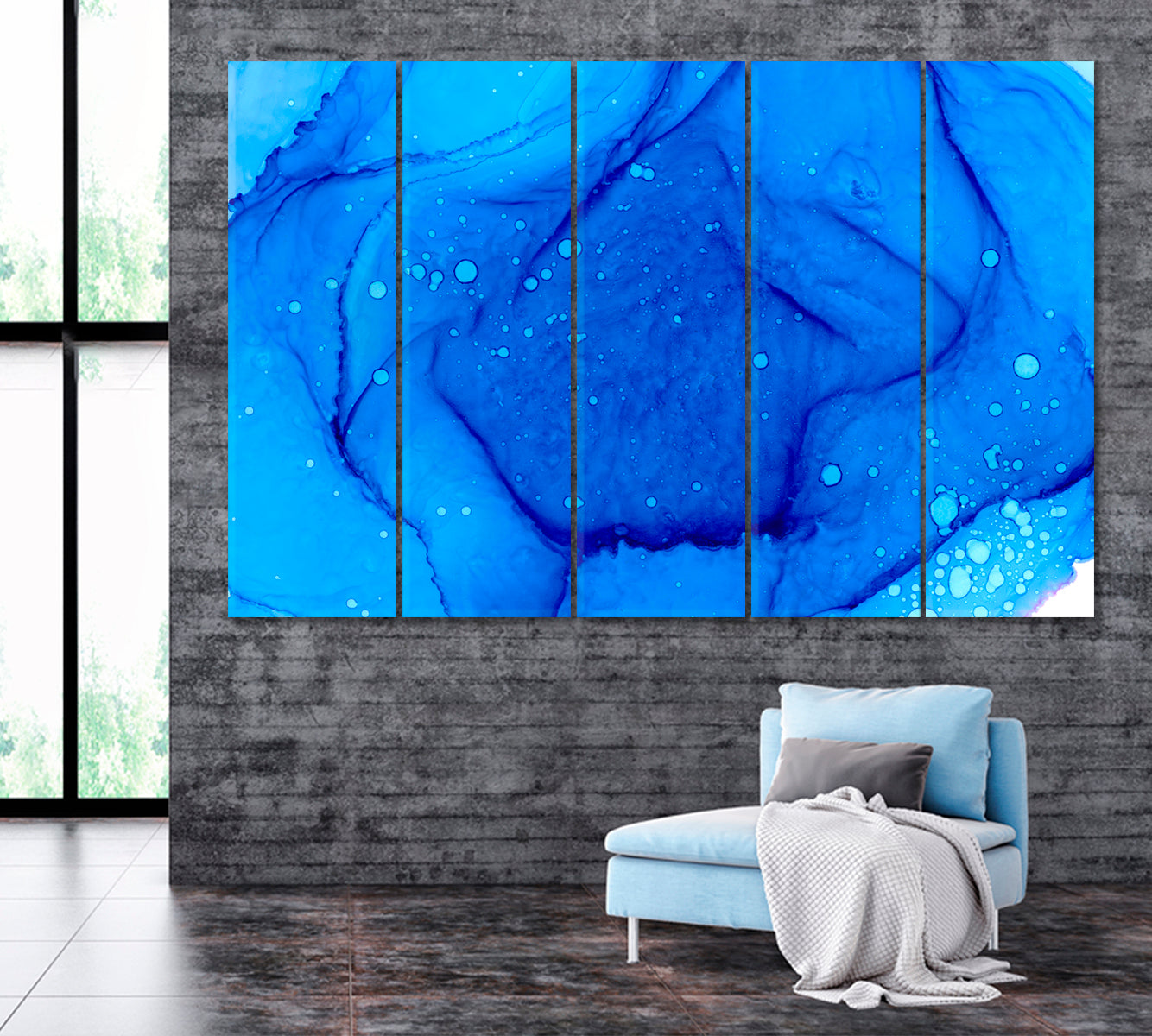 Abstract Blue Watercolor Splashes and Drops Canvas Print ArtLexy 5 Panels 36"x24" inches 