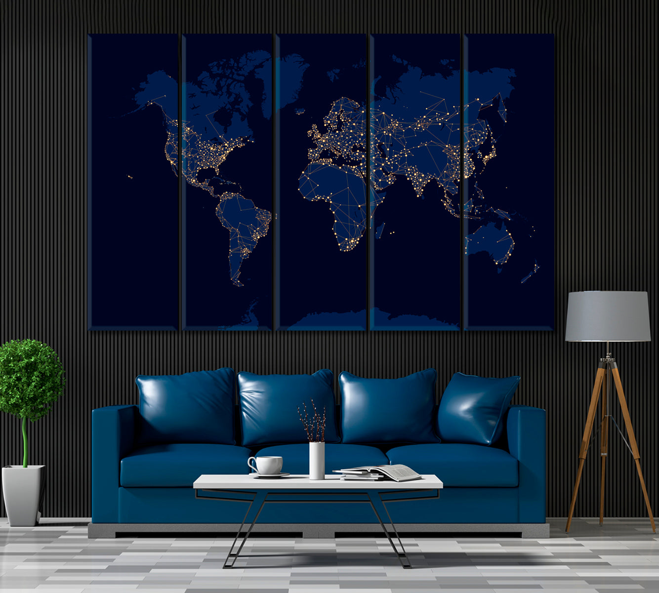 Abstract Night World Map Canvas Print ArtLexy 5 Panels 36"x24" inches 