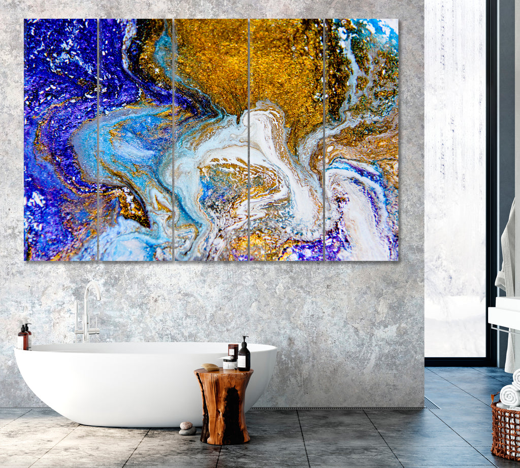 Abstract Marble Gold and Blue Pattern Canvas Print ArtLexy 5 Panels 36"x24" inches 