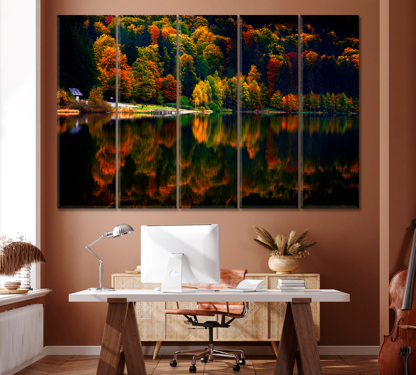 Autumn Landscape with Mountain and Lake Canvas Print ArtLexy 5 Panels 36"x24" inches 