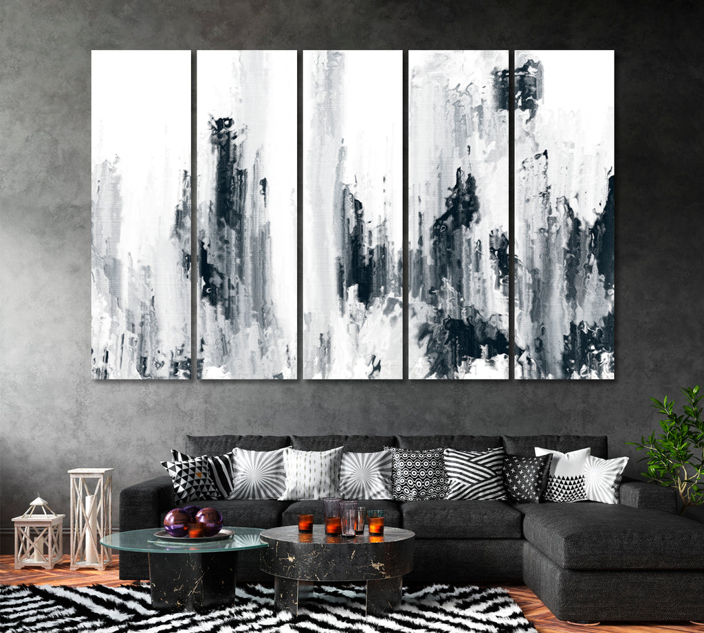 Abstract Black and White Brush Strokes Canvas Print ArtLexy 5 Panels 36"x24" inches 