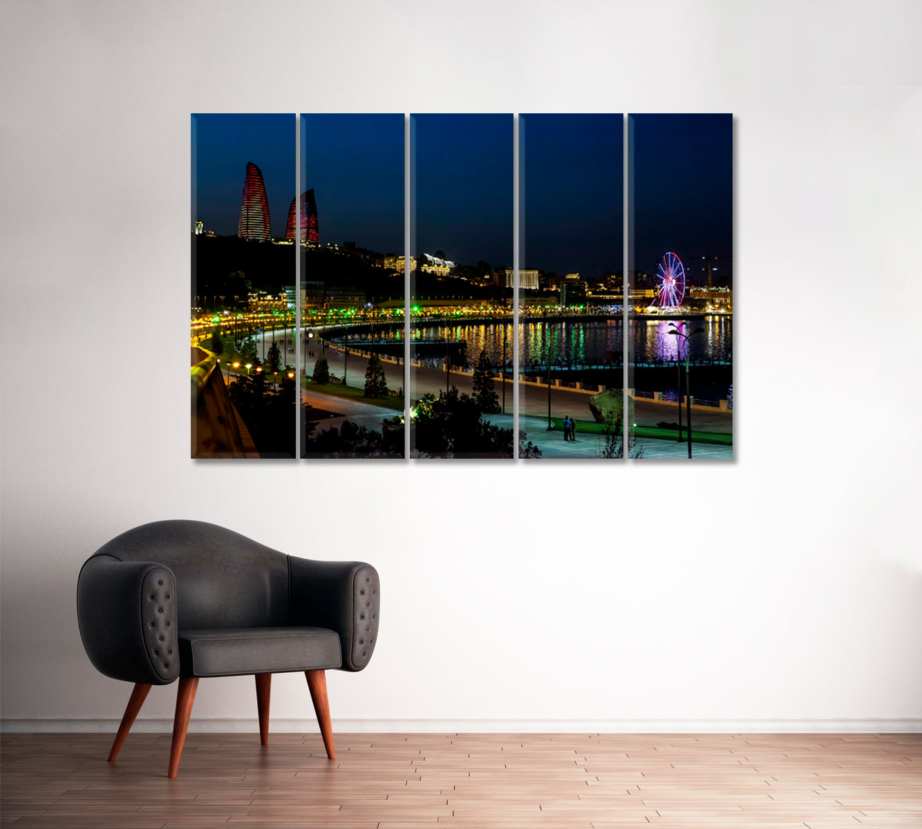 Baku Citiscape at Night Canvas Print ArtLexy 5 Panels 36"x24" inches 
