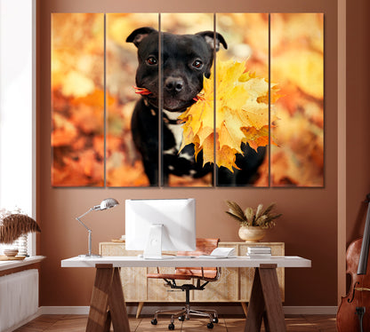 Cute Staffordshire Bull Terrier Dog Holding Autumn Leaves Canvas Print ArtLexy 5 Panels 36"x24" inches 