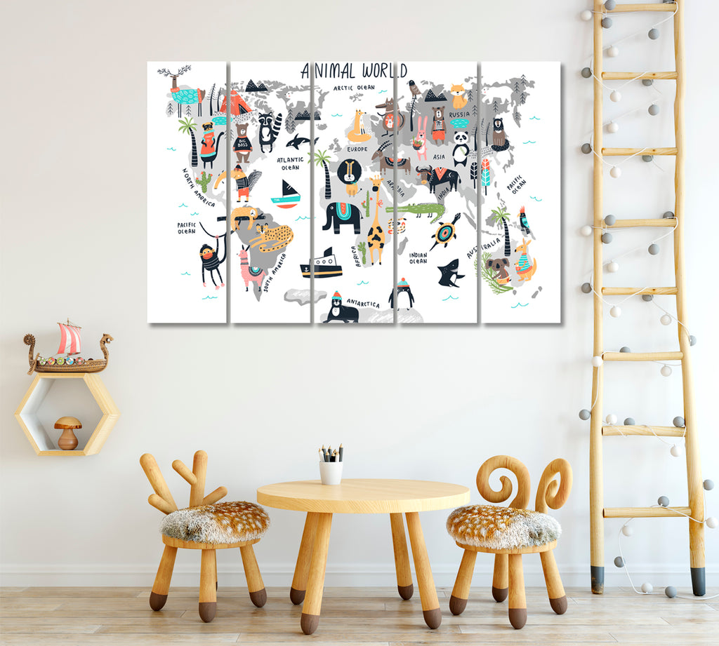 Animal World Map Canvas Print ArtLexy 5 Panels 36"x24" inches 