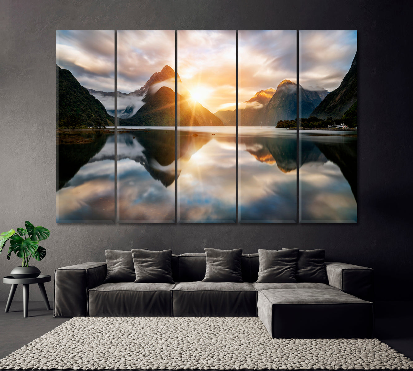 Amazing Sunrise in Milford Sound New Zealand Canvas Print ArtLexy 5 Panels 36"x24" inches 