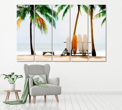 Beach with Palm Trees and Surfboards Canvas Print ArtLexy 5 Panels 36"x24" inches 