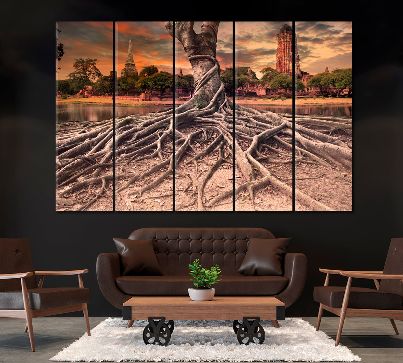 Root of Banyan Tree and Temple of Ayutthaya Canvas Print ArtLexy 5 Panels 36"x24" inches 