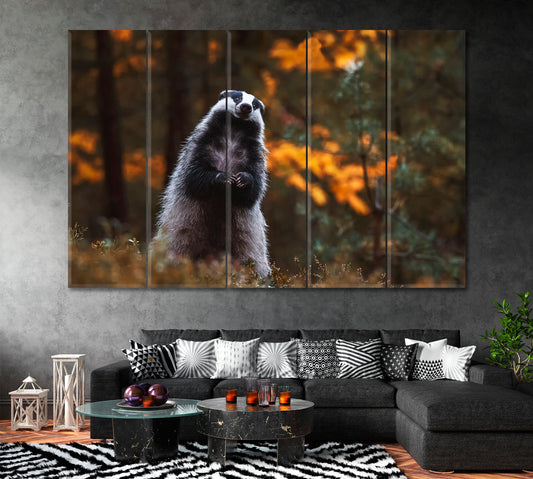 European Badger in Forest Canvas Print ArtLexy 5 Panels 36"x24" inches 