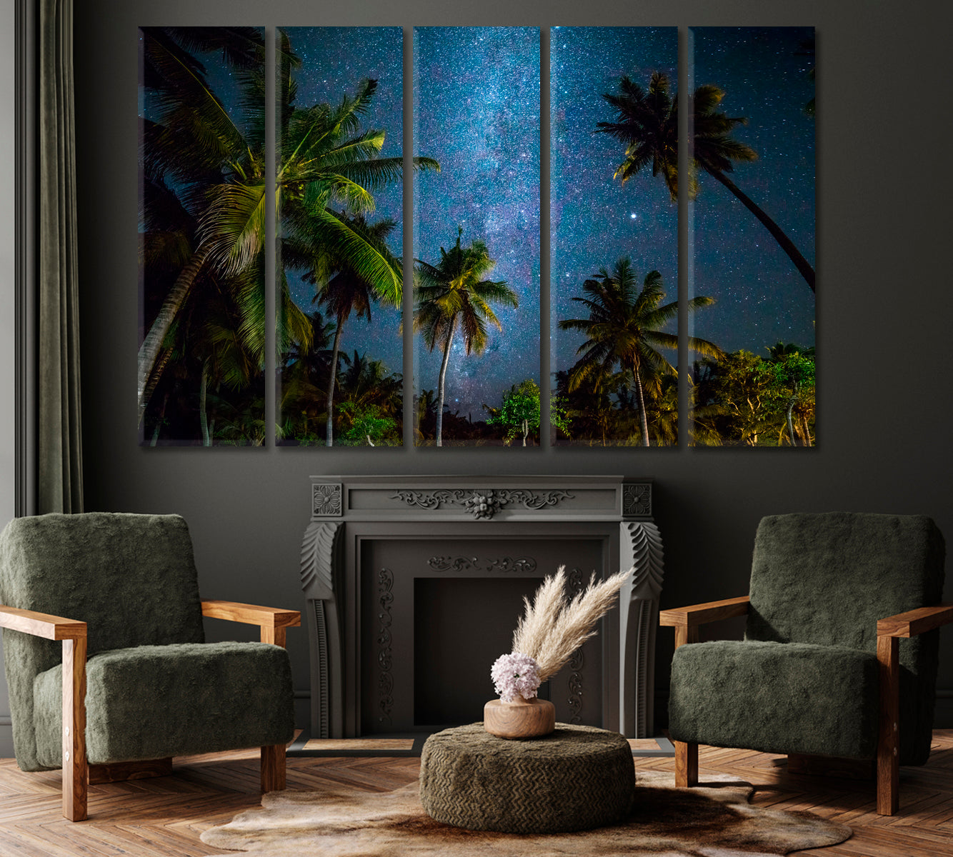 Milky Way over Sandy Beach with Palm Trees Canvas Print ArtLexy 5 Panels 36"x24" inches 