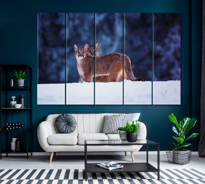 Cougar American Puma in Winter Forest Canvas Print ArtLexy 5 Panels 36"x24" inches 