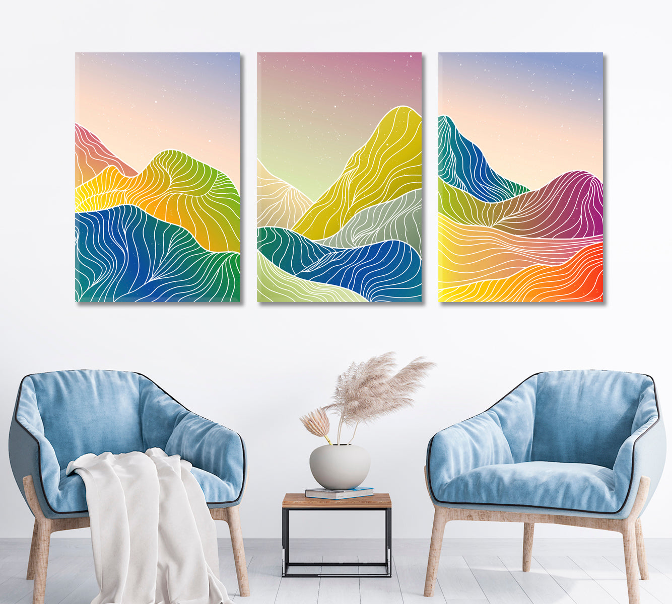 Set of 3 Colorful Line Mountain Landscape Canvas Print ArtLexy 3 Panels 48”x24” inches 