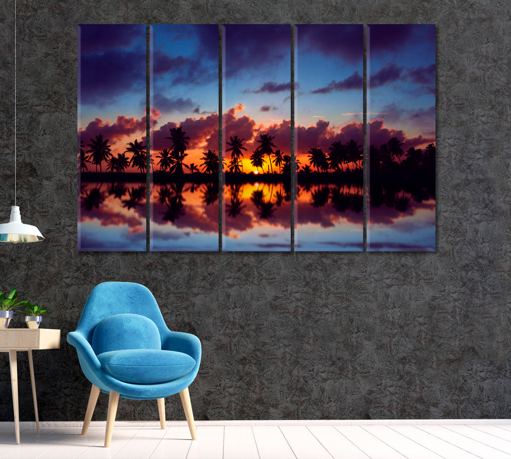Palm Trees Silhouette at Sunset Canvas Print ArtLexy 5 Panels 36"x24" inches 