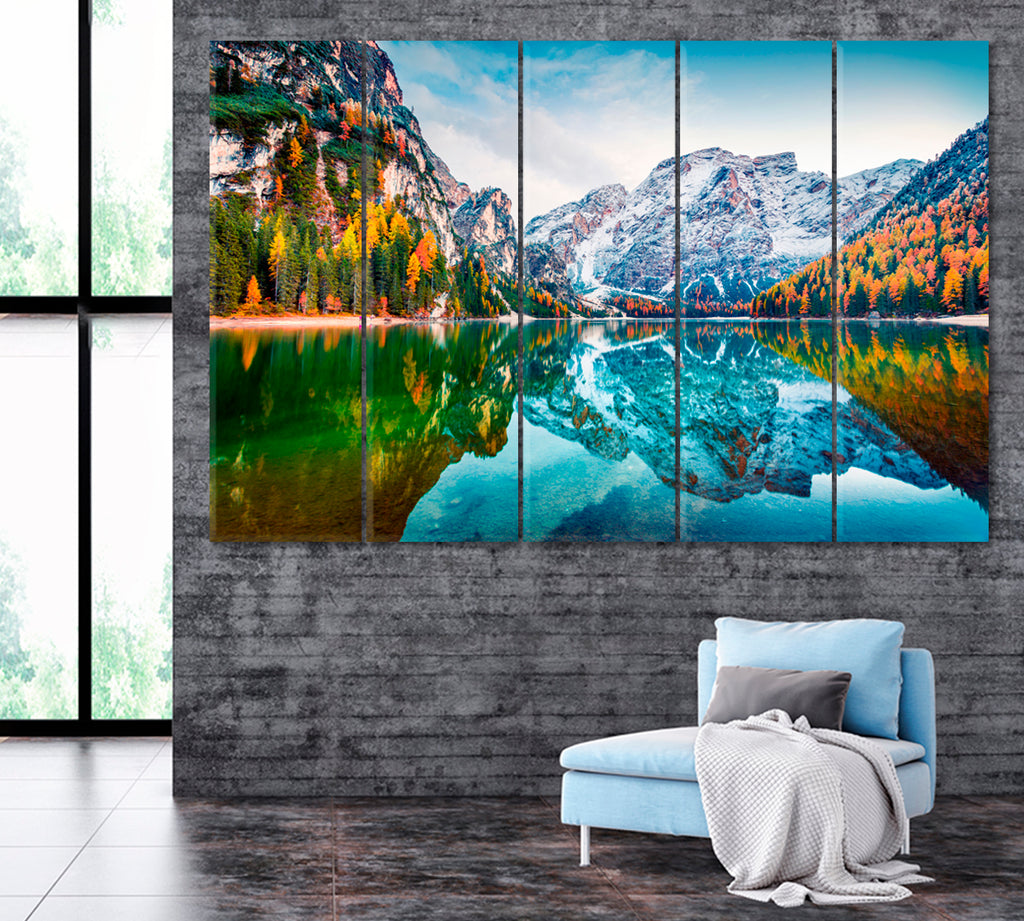 Autumn Landscape with Braies Lake Italian Alps Dolomite Canvas Print ArtLexy 5 Panels 36"x24" inches 