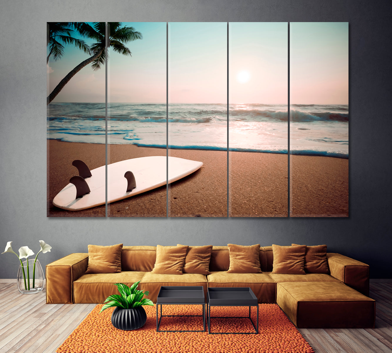 Surfboard on Tropical Beach Canvas Print ArtLexy 5 Panels 36"x24" inches 